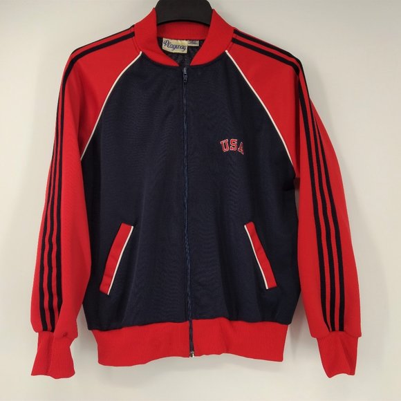 PLAYWAY Vintage Men's L Track Jacket Red‎ Blue Zip Pockets Striped Long Sleeve - Picture 2 of 14